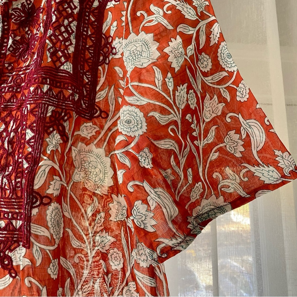 Embroidered tunic floral Asian theme orange red cream short sleeves small - Picture 4 of 7